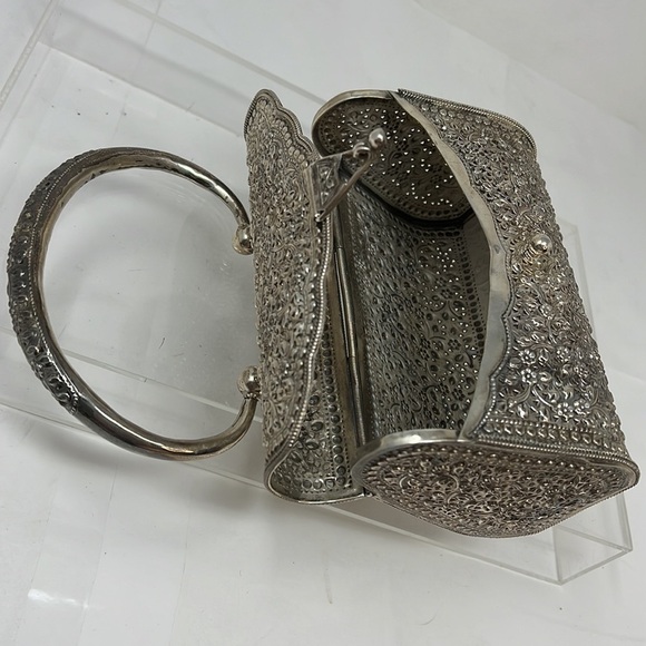 Sterling Silver 925 Filigree Etched Handbag - Picture 7 of 12